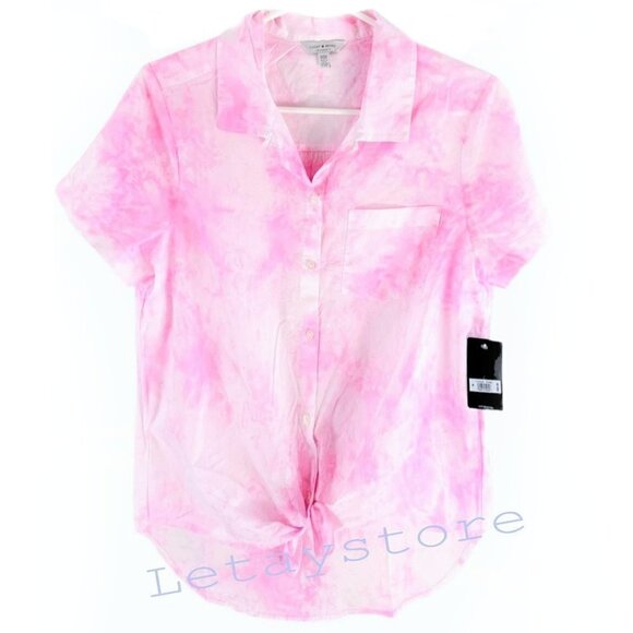 NWT Lucky Brand Tie-Dye Tie-Front Cotton Button Down Shirt - Picture 4 of 5